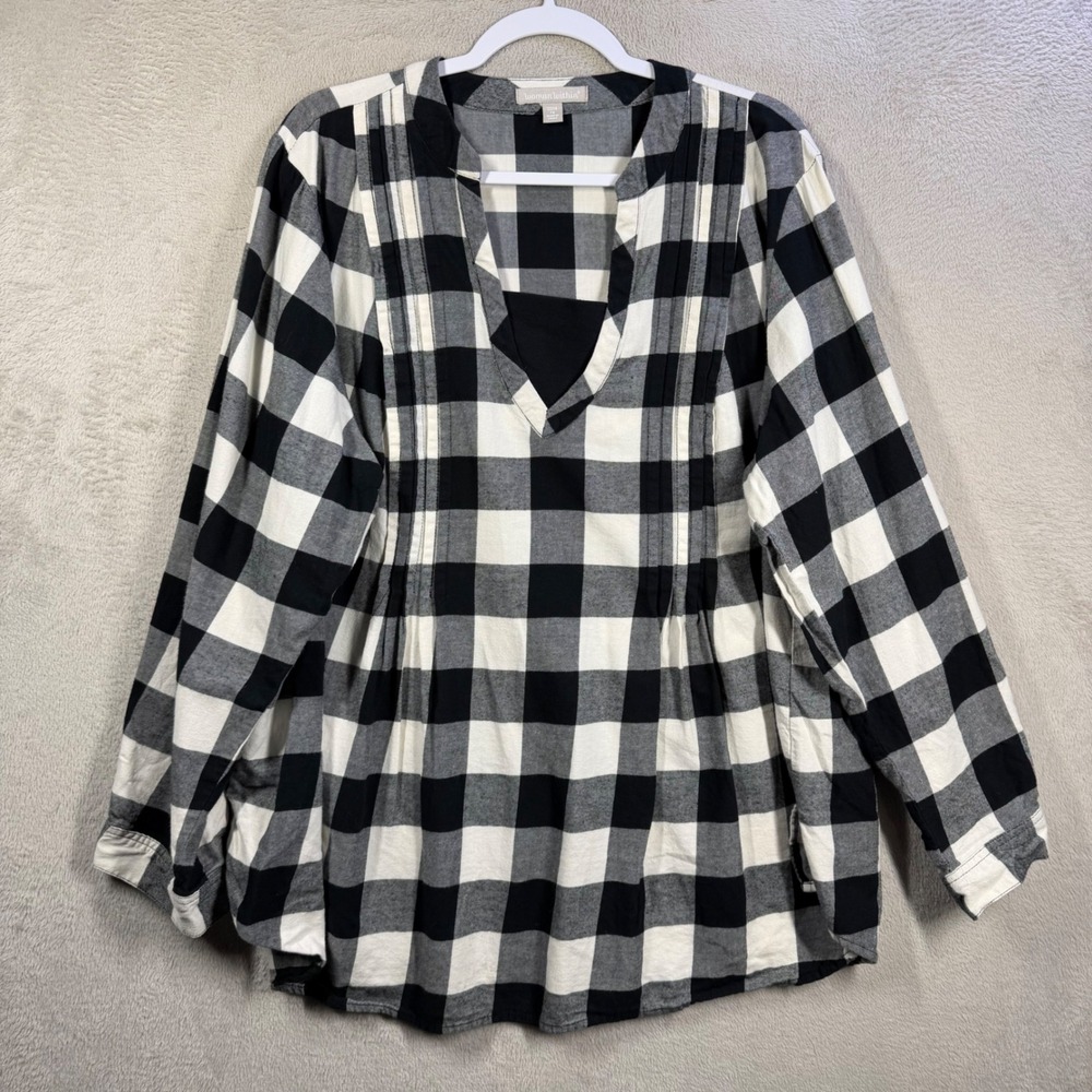 Woman Within Blouse Womens 1X Black Buffalo Plaid Fall V-Neck Pintuck Top
